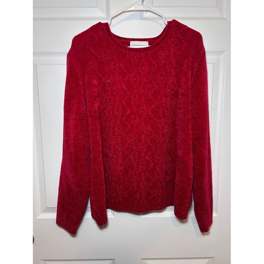 Alfred Dunner Women's Red Sweater Large Beaded Zig Zag Christmas Winter Holiday